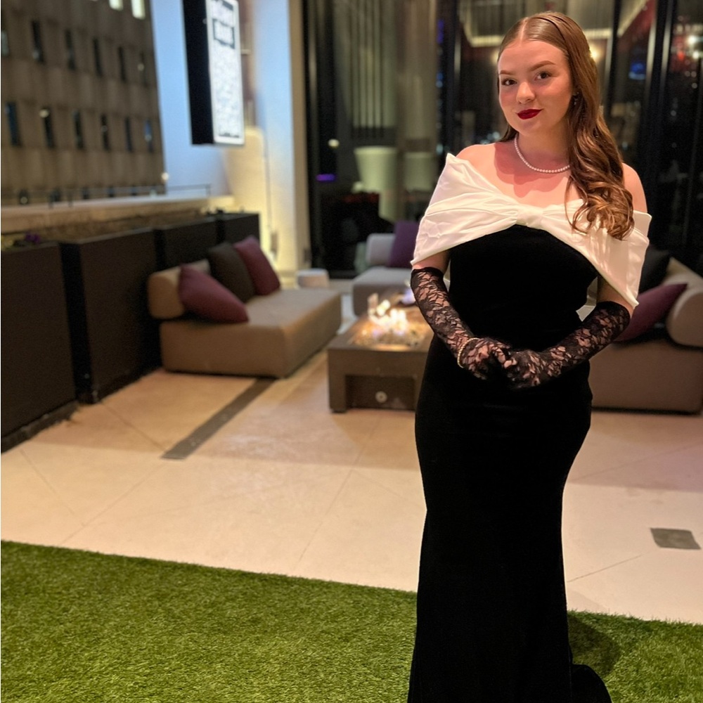 Elegant Black and White Velvet Evening Gown